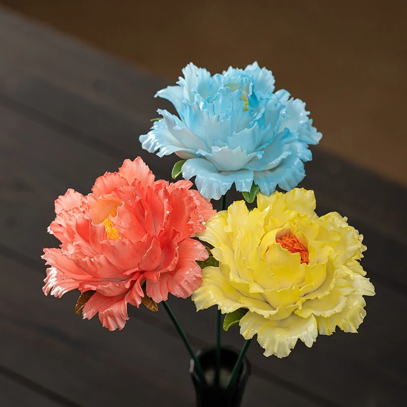 Ceramic hand-squeezed flowers Peony flowers Chinese home living room desktop simulation flower ornaments Flower branches