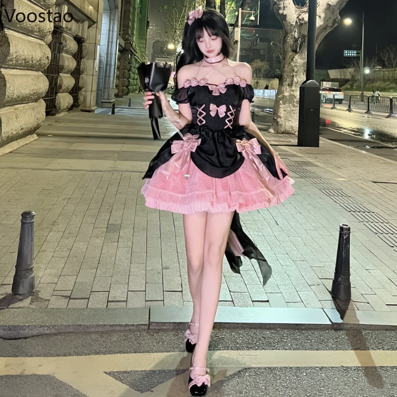 Japońska sukienka Gothic Lolita kobiety słodka czarna różowa księżniczka Mini sukienki dziewczyny Kawaii bandaż róża kokarda suknia wieczorowa