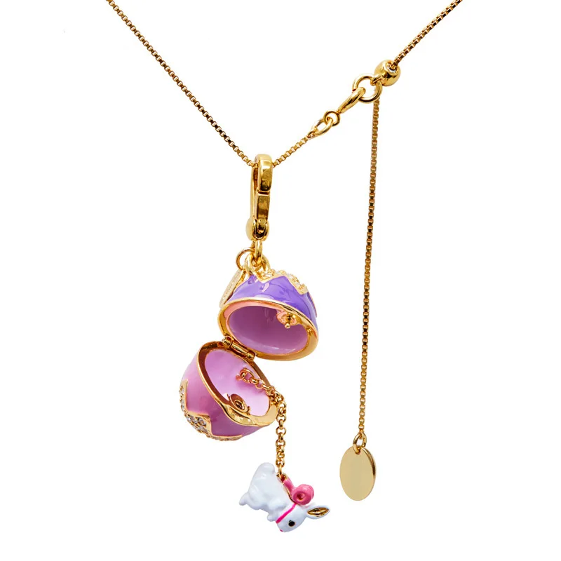 Enamel Little White Rabbit Faberge Easter Egg Pendant Necklace Jewelry Locket Brass Vintage Gift To Women Girls