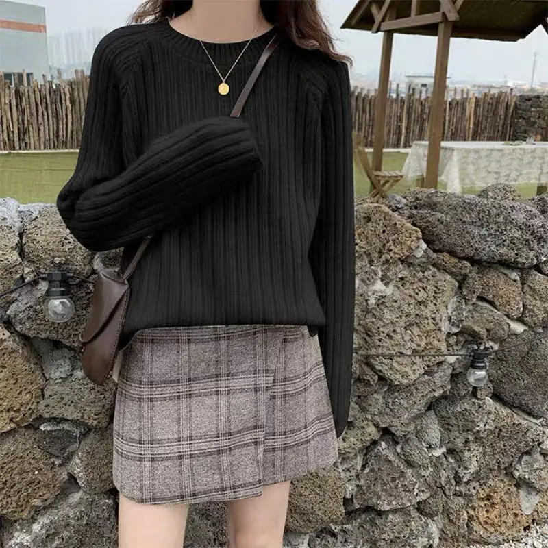 Fashion New Solid Color Knitting Bottoming Shirt Classic Long Sleeve Striped All-match O-collar Loose Autumn Winter Top 2022