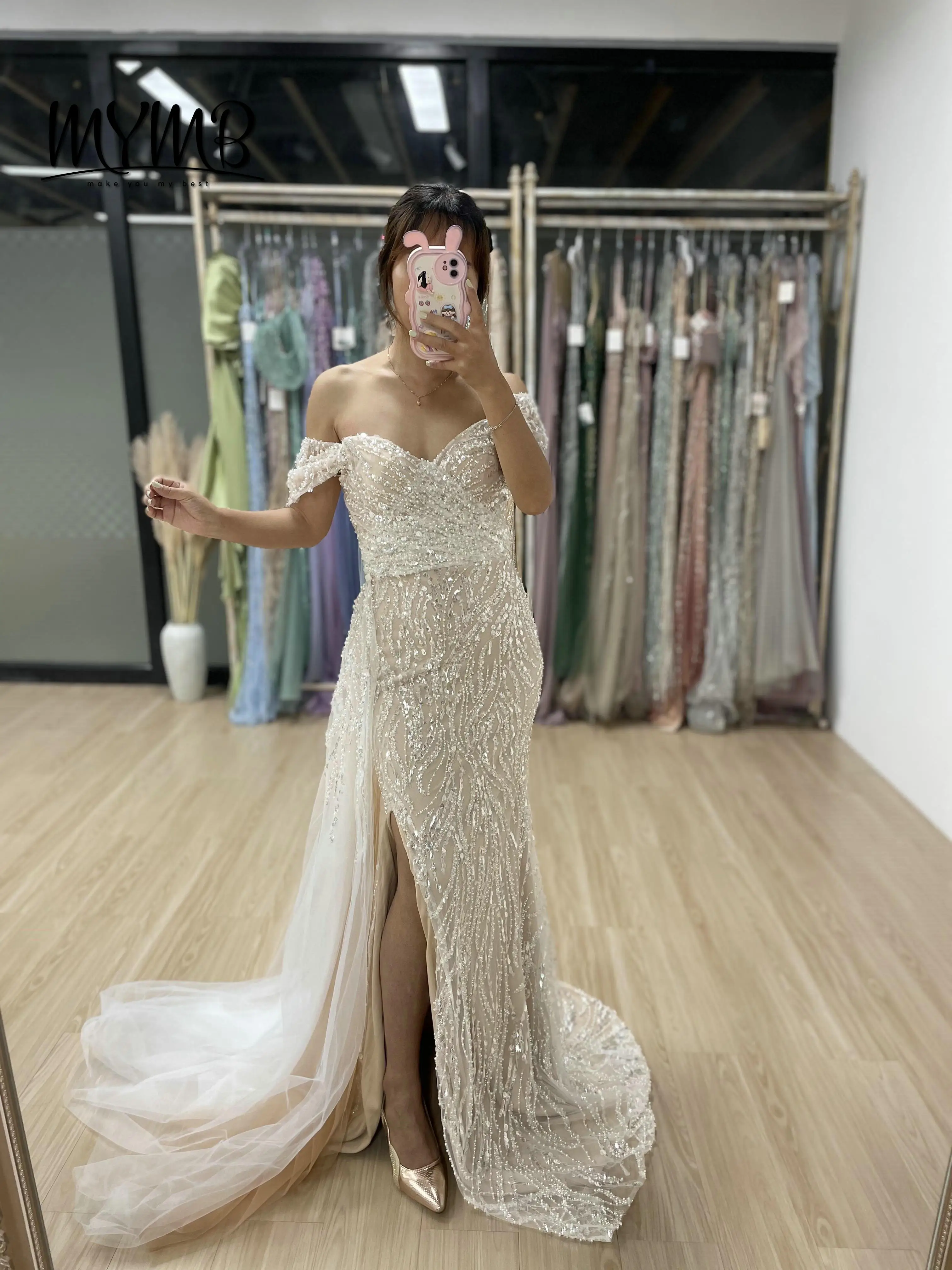 MYMB Chic Shining Off Shoulder Evening Gown for Ladies Sweetheart Sleeveless Slit Pearl Sexy Plus Size Floor Length Prom MY30022