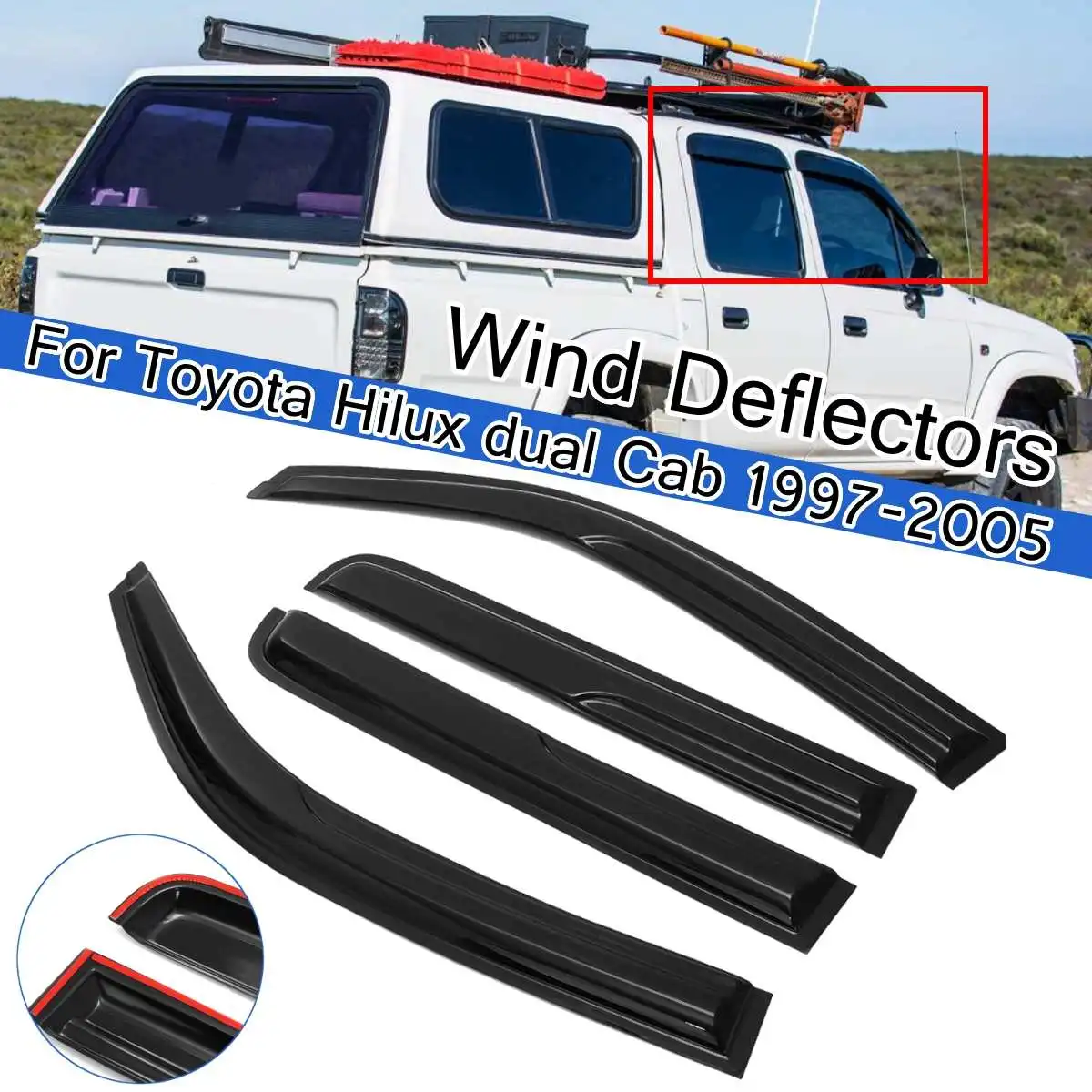 

4 шт., ветровые дефлекторы для окон автомобиля, тонированный козырек, вентиляционное отверстие для Toyota Hilux, двойная кабина 1997-2005, защита от дождя, навесы, навесы