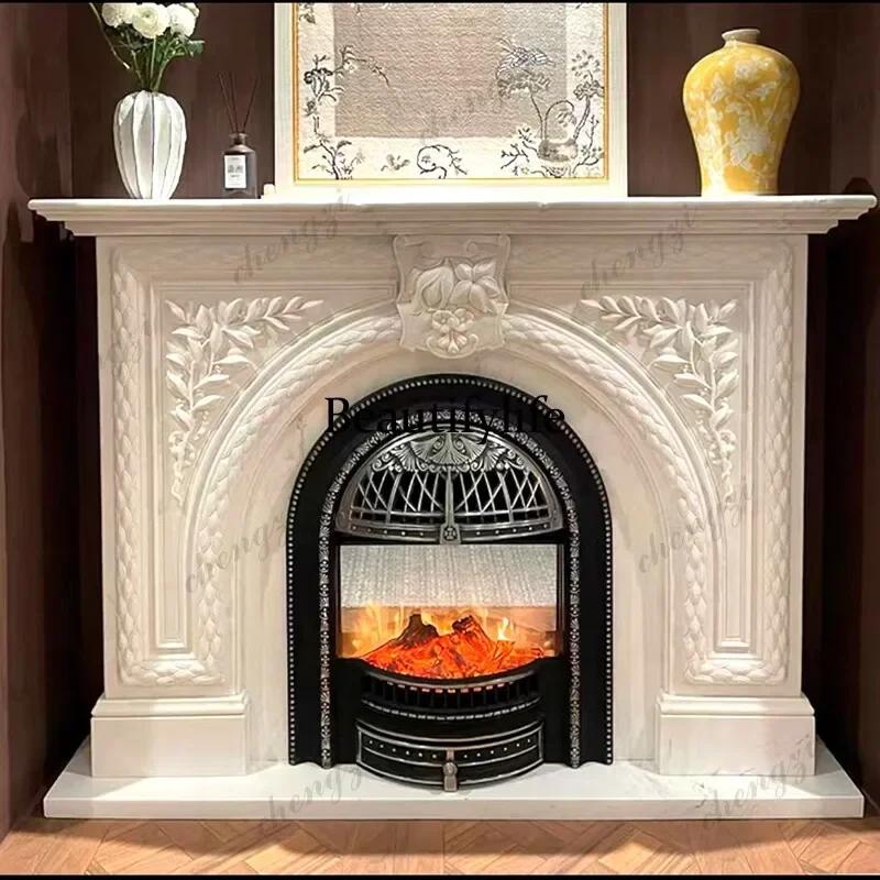 HR French retro fireplace decorative cabinet European living room background wall decoration solid wood carving flower   cabinet