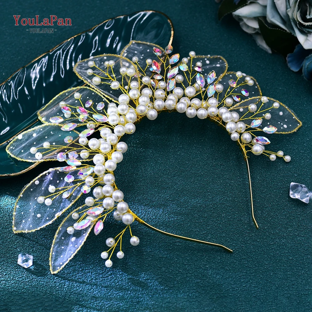 YouLaPan Handmade Gold Color Leaf And Pearl Crown Headband Wedding Crown for Bride Hair Accessories Bridesmaid Party Tiara HP670