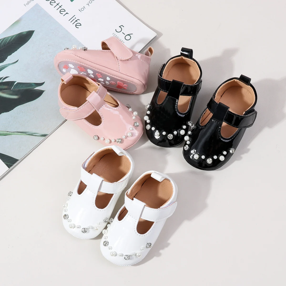 الربيع والخريف نمط اللؤلؤ والكريستال تصميم الطفل تعلم مشوا 0-1 سنة الفتيان والفتيات لينة سوليد أحذية الملاعب المغطاة #2