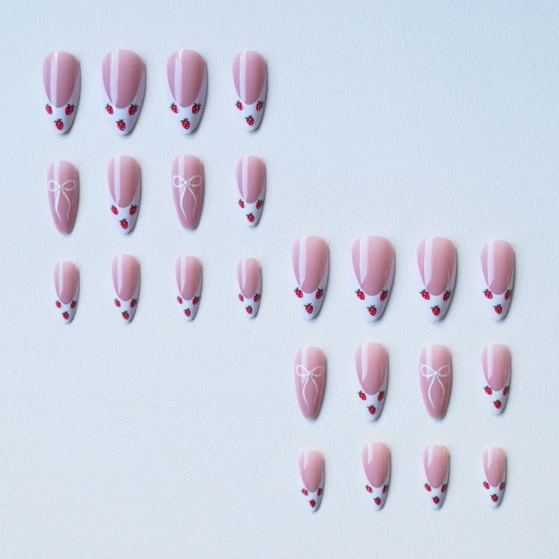 24 Uds uñas postizas acrílicas uñas adhesivas medianas lindas almendra extraíble Primavera Verano blanco francés prensa media en uñas con dijes