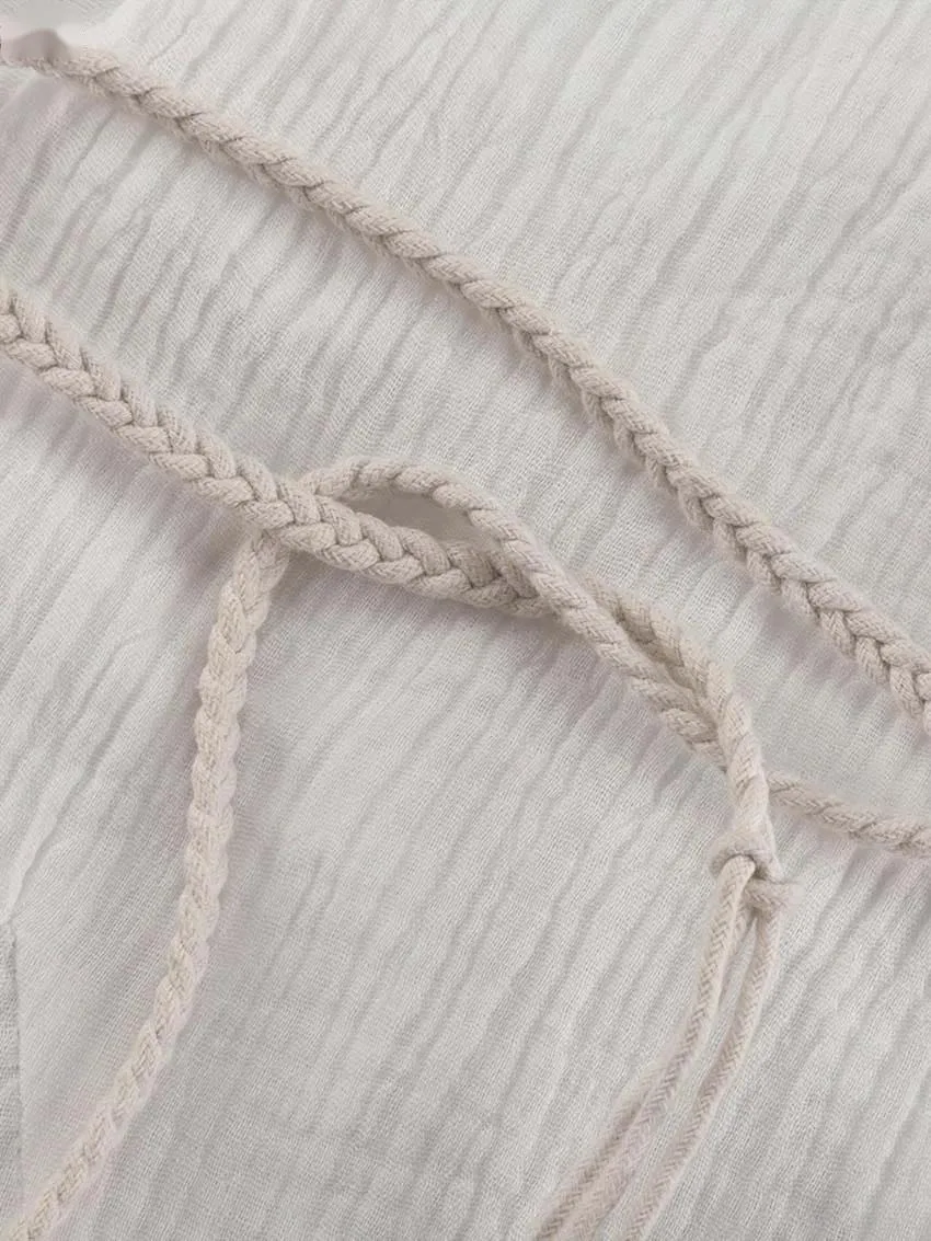 Elegante bege algodão das mulheres vestidos moda com decote em v manga longa rendas vestidos casuais solto plissado mini vestido streetwear rq24