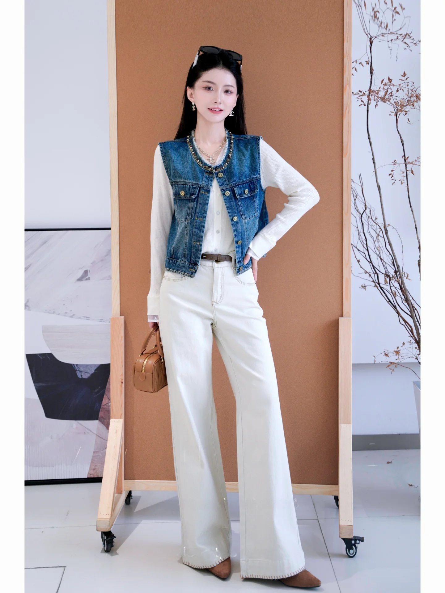 

New Chinese Sle High Waist Wide Leg Denim Jeans Women's Early Autumn Straight Waed Jeans Cotton Polyester Blend
