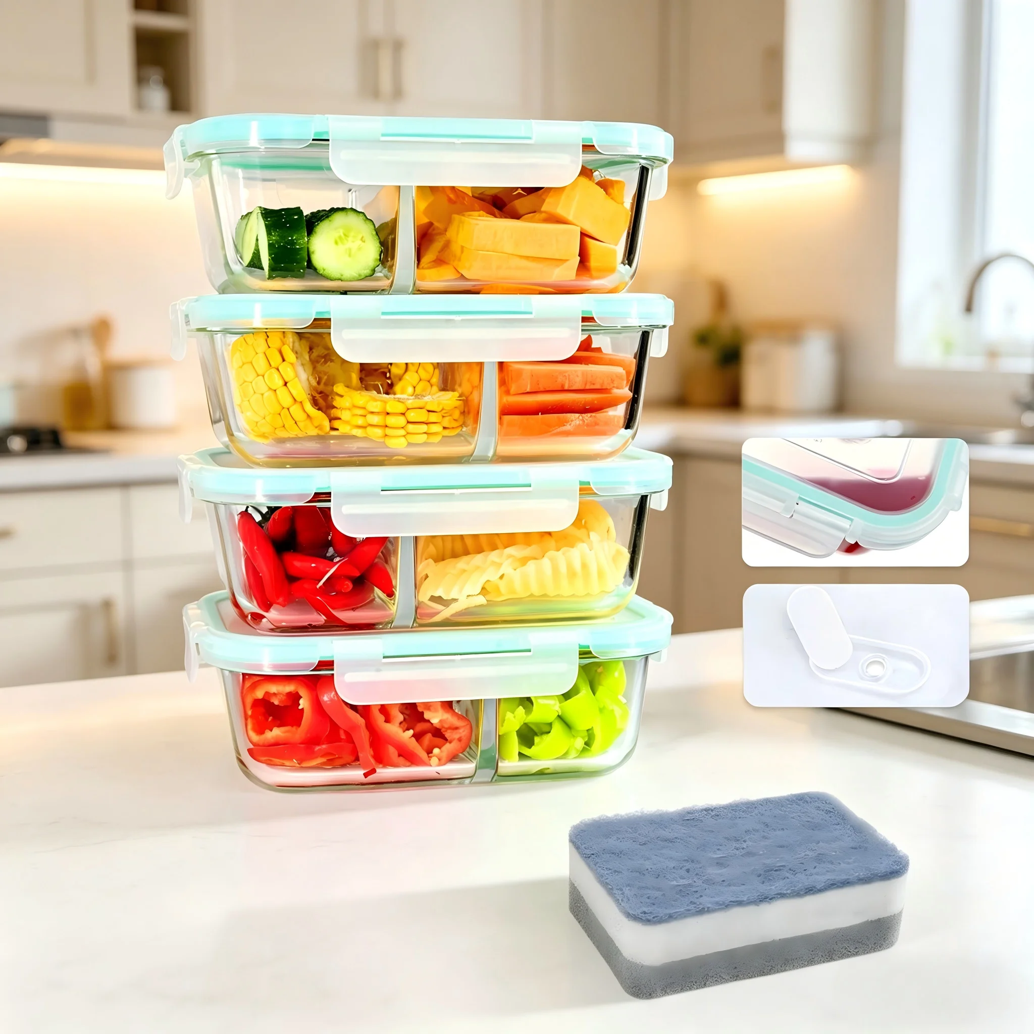 Saeiv 4X1040Ml Recipientes De Vidrio Apilables Y Compartimentados Para Almacenamiento De Alimentos Con Tapas Selladas, Libres De Bpa. Producto De Almacenamiento Para Cocina — -74%, 142.28€ Coupon, from 49.99€ – 74% descuento – €49.99