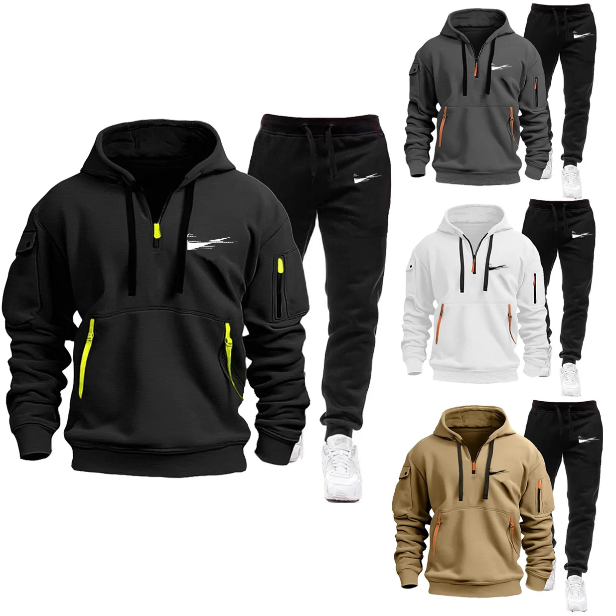 Chándal con cremallera y múltiples bolsillos para hombre, Sudadera con capucha de manga larga y pantalones, chándal de Fitness para correr, novedad de invierno, 2024