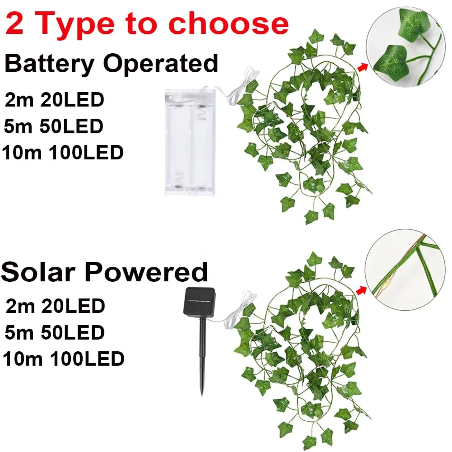 20/50/100 LED Batterij Ivy Lichtslingers Waterdicht Solar Kerst Guirlande Fairy Garden Wedding Party Outdoor Indoor Decor