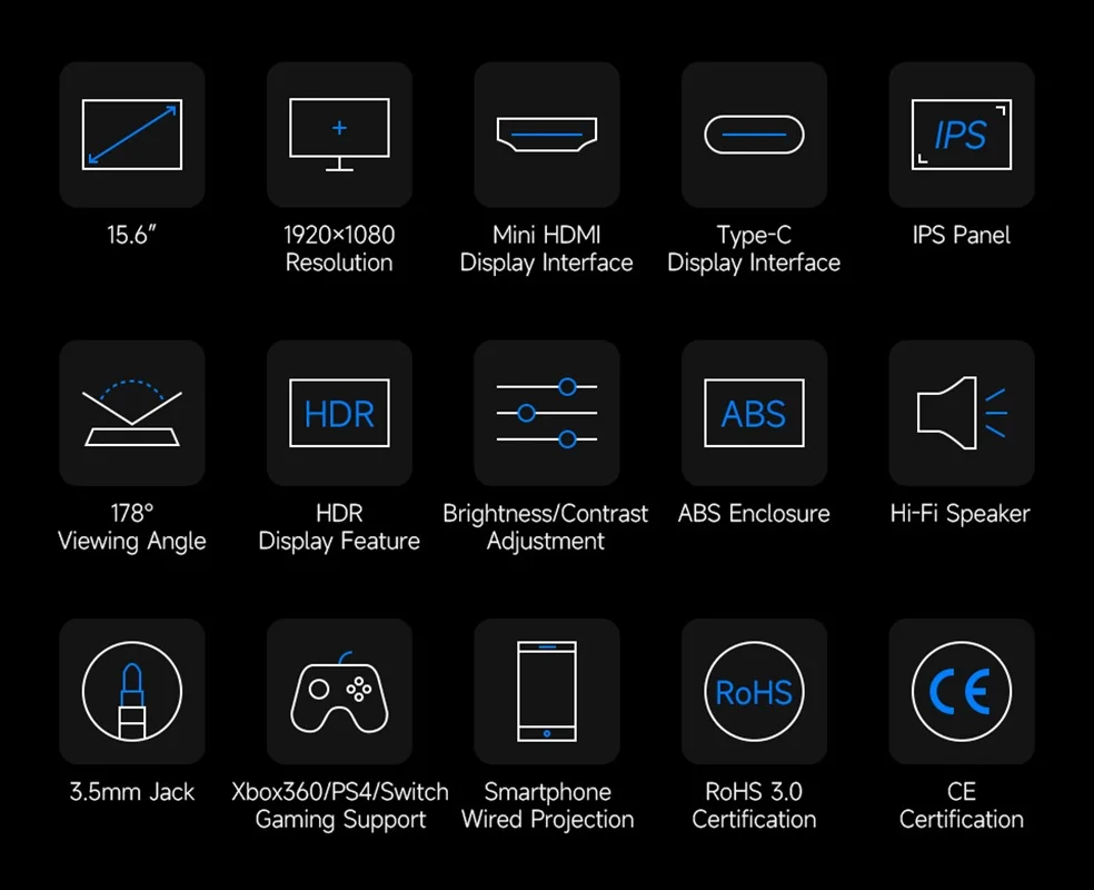 شاشة محمولة 15.6 بوصة، شاشة IPS، واجهة HDMI صغيرة، 1920 × 1080 Full HD، 178 °   زاوية الرؤية، لا لمسة