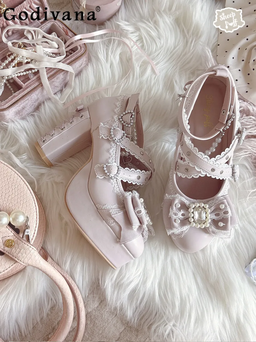 

Japanese Original Lolita Retro Gorgeous Mass-produced High Heels Pearl Bud Bow Thick Heel Mary Jane Single Shoe Girl
