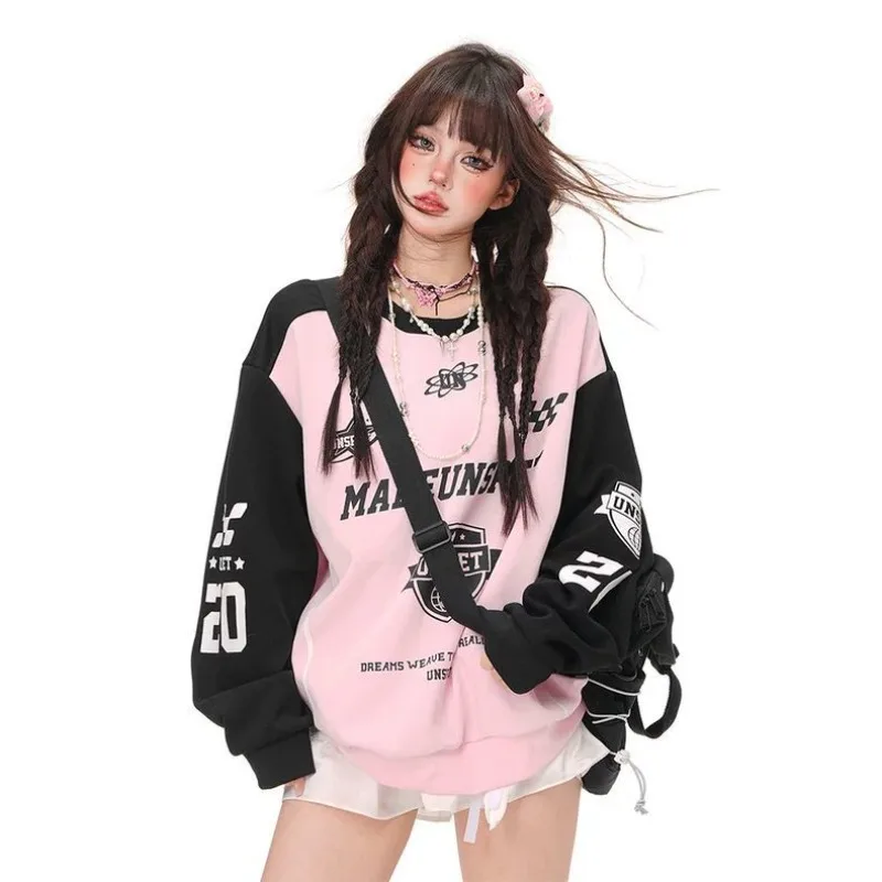 Pink Black Contrast Patchwork Sweatshirt American Baseball Badge Printing Long Sleeve Pullover Loose Oversized Hip Hop Men Tops