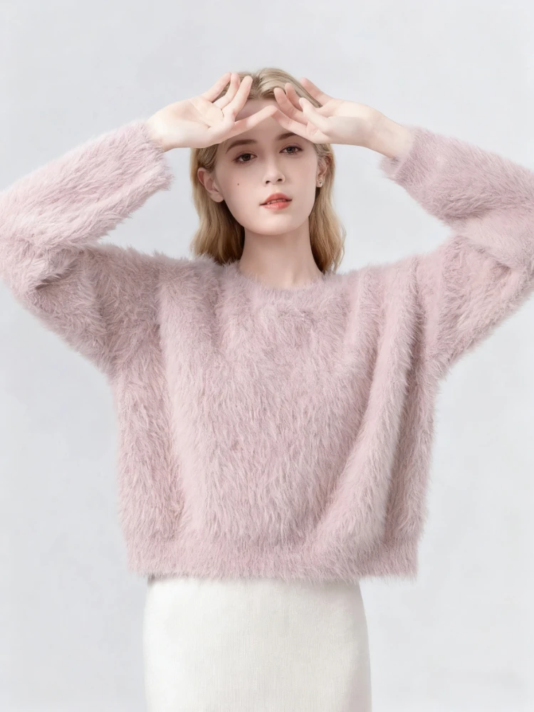 

Deeptown Fluffy Mohair Women Pink Sweaters Elegant Sweet Long Sleeve Cropped Jumpers Beige Casual Warm Knitted Pullovers Autumn