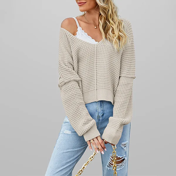 2025 Nuovo maglione lavorato a maglia allentato tinta unita con scollo a V da donna autunno e inverno monospalla