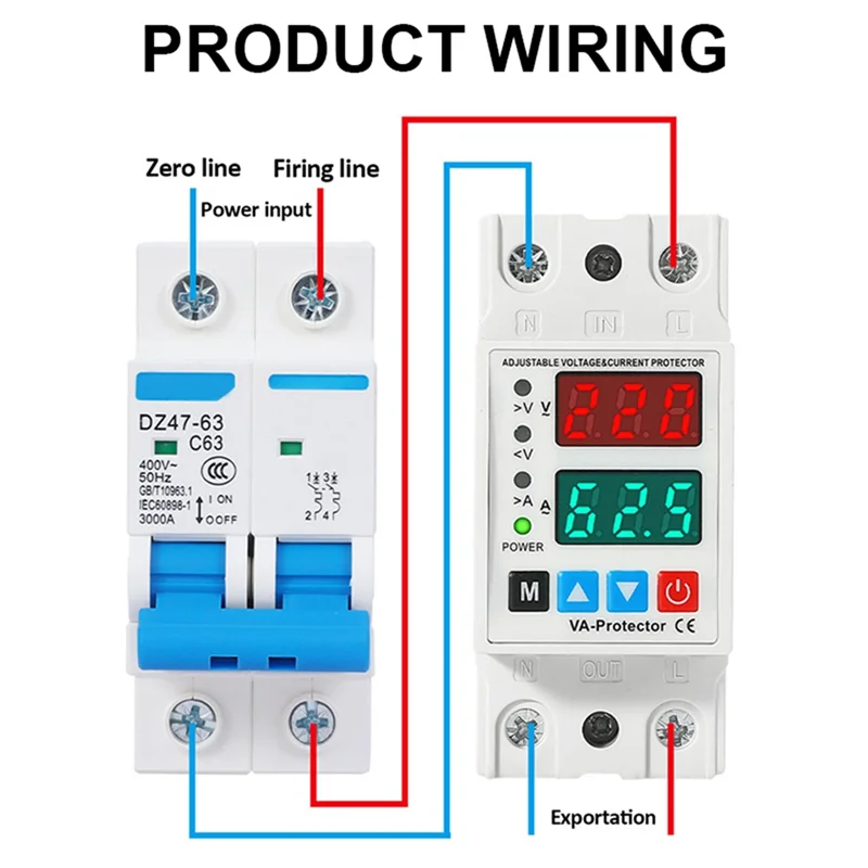 AT19-AC130-300V 63A Din Rail Dual Display Adjustable Over Voltage Under Voltage Current Device Protector Relay