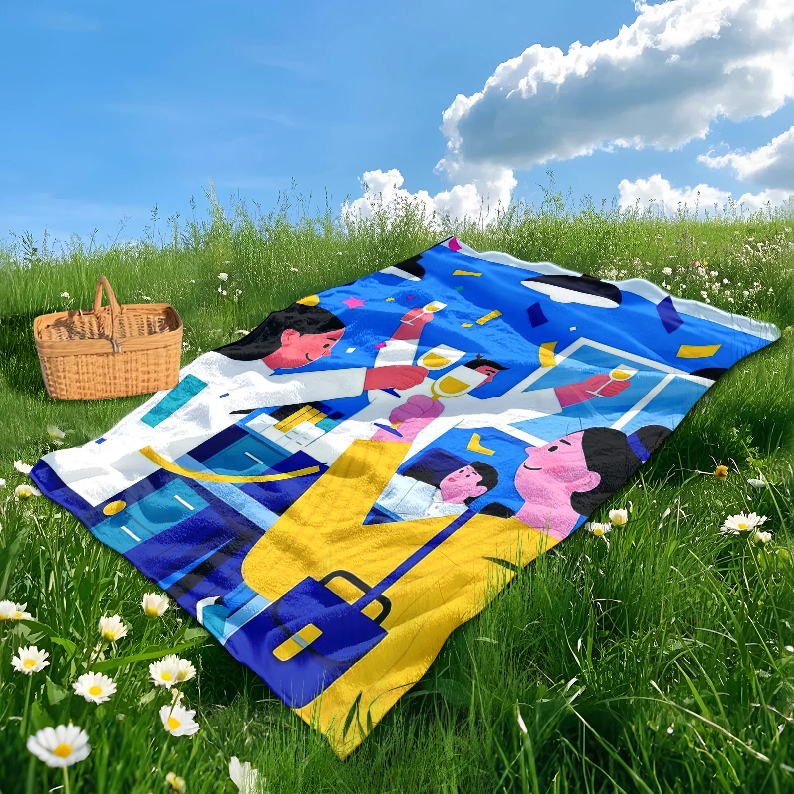 Manta caprichosa de picnic con personajes de dibujos animados para reuniones al aire libre y diversión familiar con un diseño vibrante