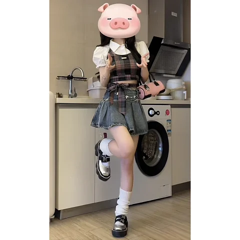 Summer gentle outfit 2023 new Korean version short sleeved shirt plaid suspender denim short skirt womens two peice skirt sets