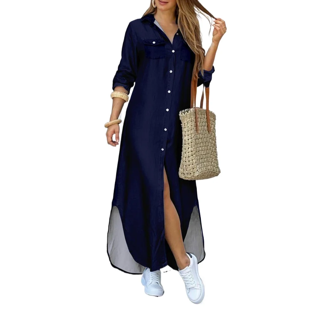

Women Elegant Lapel Collar Long Sleeve Maxi Dress Winter Casual Shirt Dresses Office Lady Loose Buttons Tunics Dress Solid Color