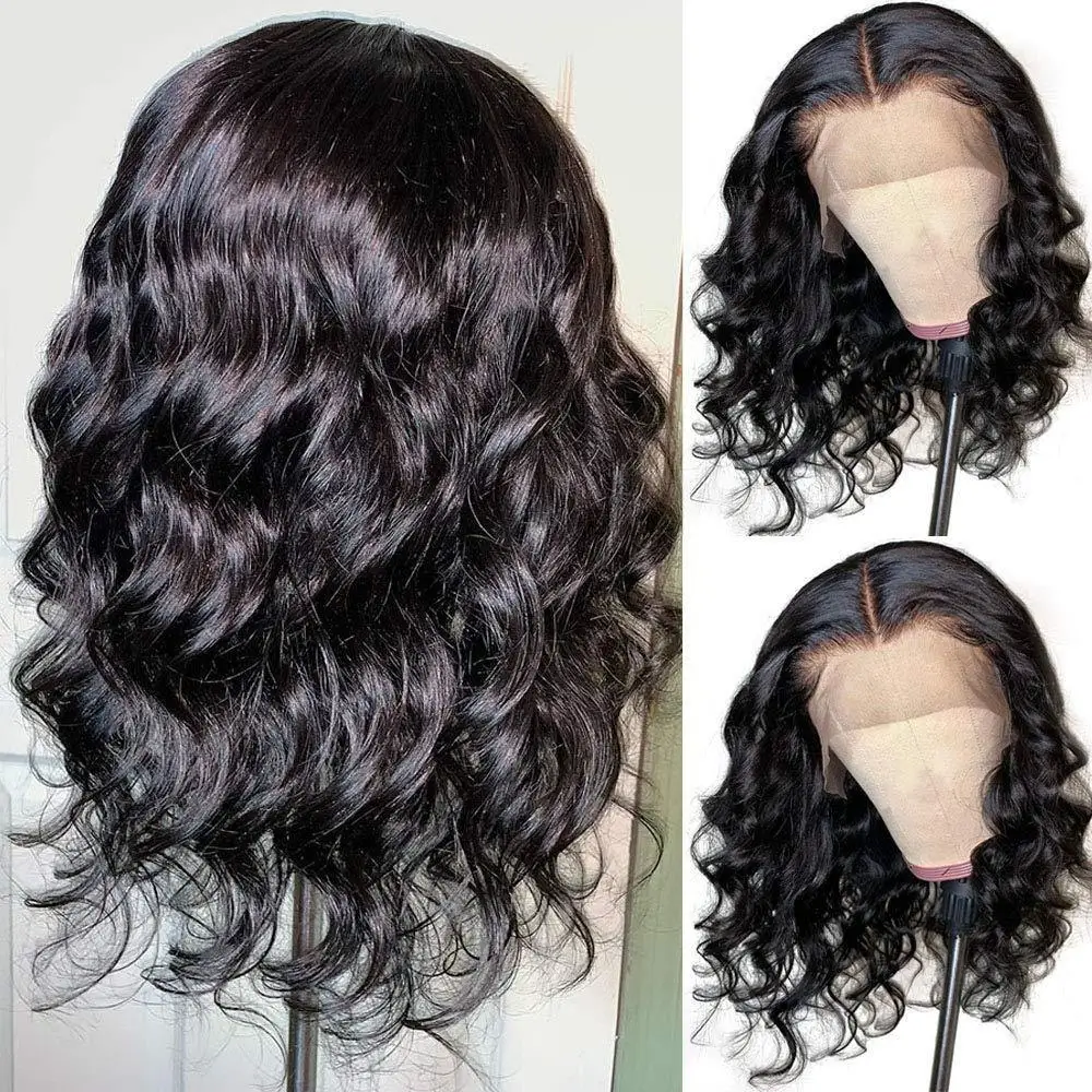 Black Short Body Wave Lace Front Wigs Glueless Natural Wave Synthetic Heat Resistant Fiber Hair Wig With Baby Hair 16 Inch image 3