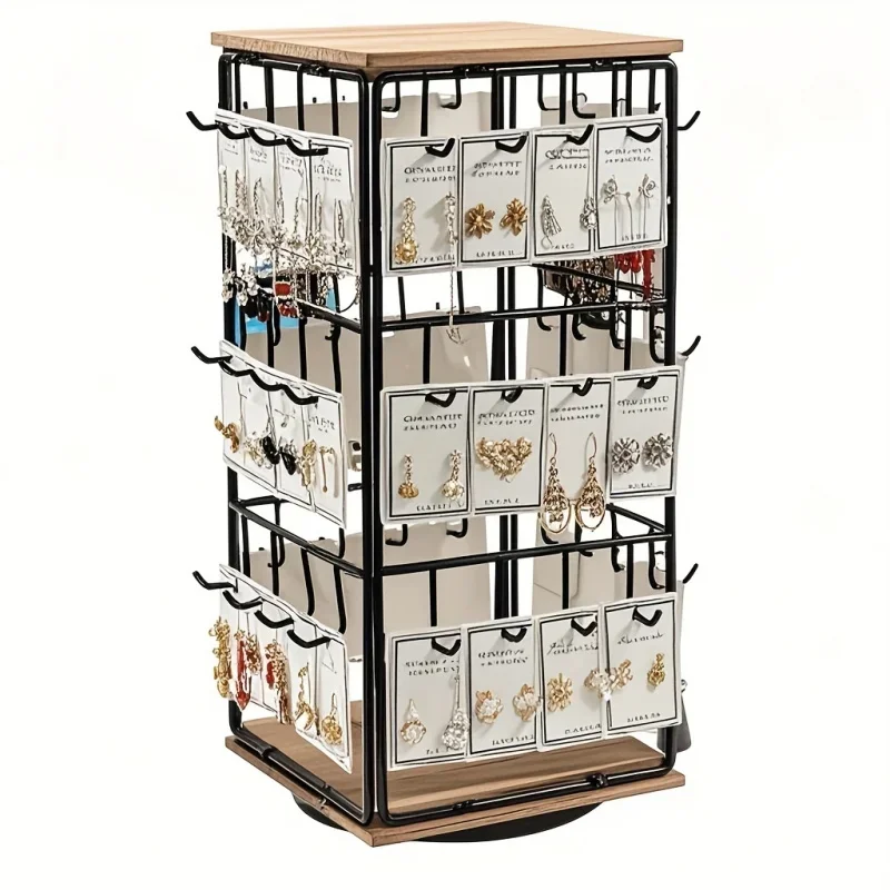  360 ° Torre organizadora joyas giratoria, soporte de exhibición de hierro y madera para pendientes, anillos, collares