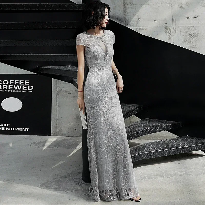 Evening Dresses Gray Burgundy Beads O-Neck Short Sleeves Zipper Back Straight Floor-length Plus size Women Party Gowns A174