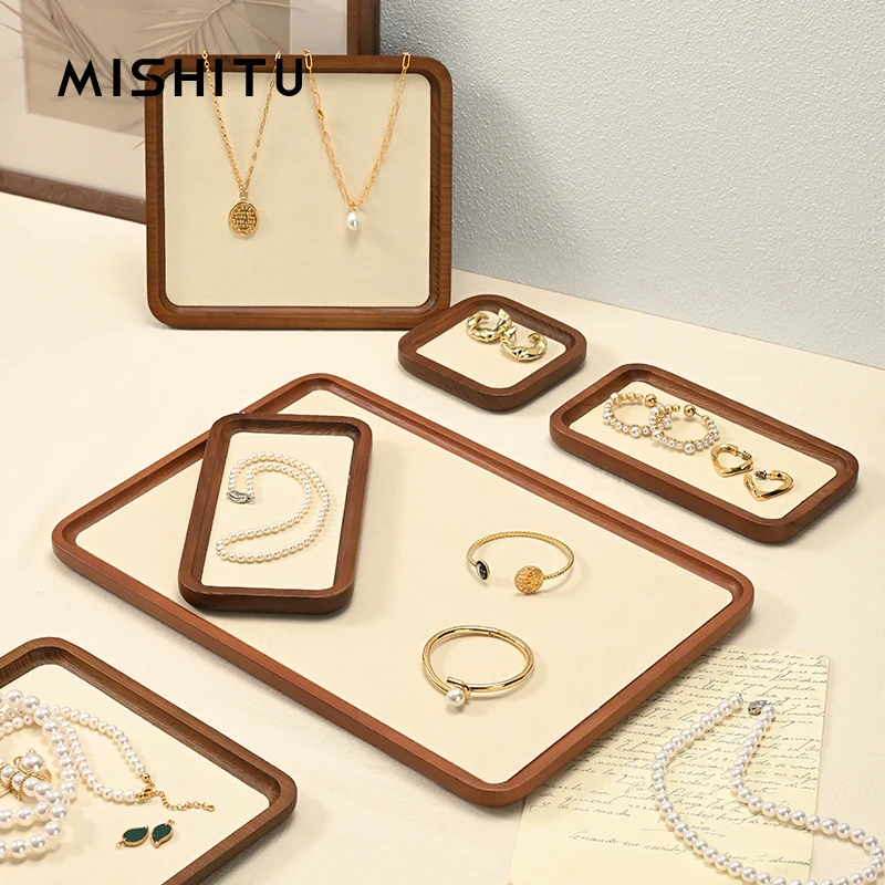 

MISHITU Wooden Jewelry Organizer Tray Ring Earring Necklace Bracelet Watch Jewelry Tray Organizer Stackable Jewelry Storage Tray