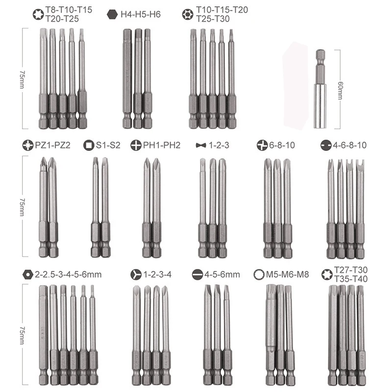 50pc 75mm Extra Long Screwdriver Bit Set Security Head Screwdriver Bits Kit Torx Star Hex Spline Bit Set