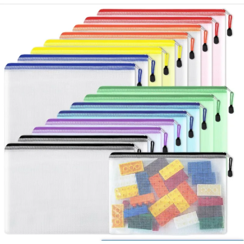 

30 прозрачных сетчатых мешков для файлов, сумка на молнии, сумка на шнурке, водонепроницаемая сумка для хранения, подходит для офисных путешествий и учебы, разные цвета