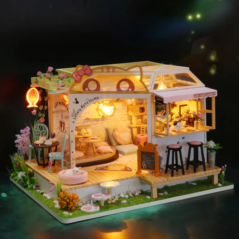 OUZEY Cozy Cat Cafe Puppenhaus DIY, 3D-Holzminiatur mit LED-Leuchten, Geburtstagsgeschenk für Teenager-Mädchen