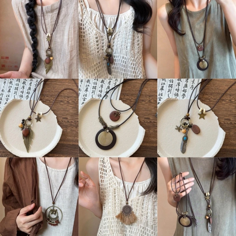 Vintage Boho Metal Feather Necklace For Women Antique Long Collar Chains Pendant Handmade Statement Jewelry Layers Accessories