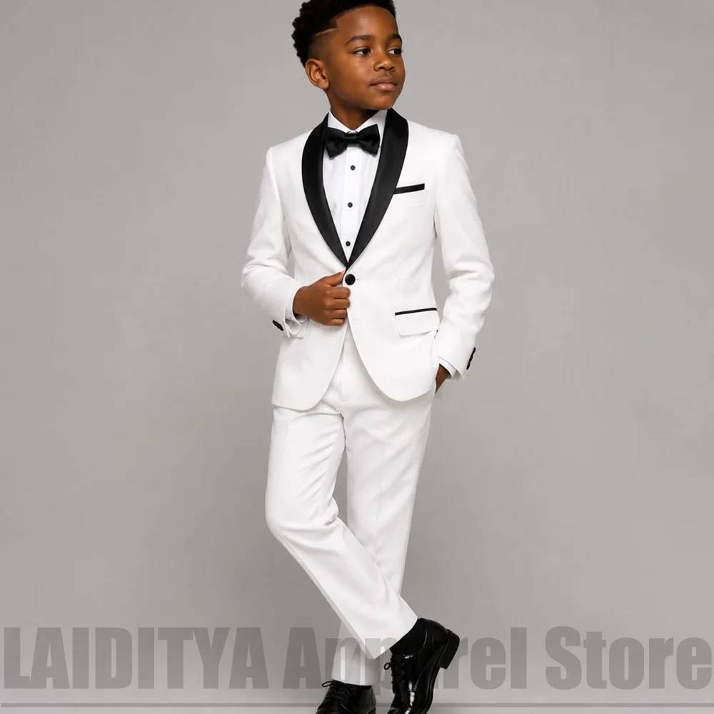 Boys White Tuxedo Suit with Black Satin Shawl Lapel Kids Formal Wedding Outfit Blazer Pants Bow Children Party Costume 2 Piece