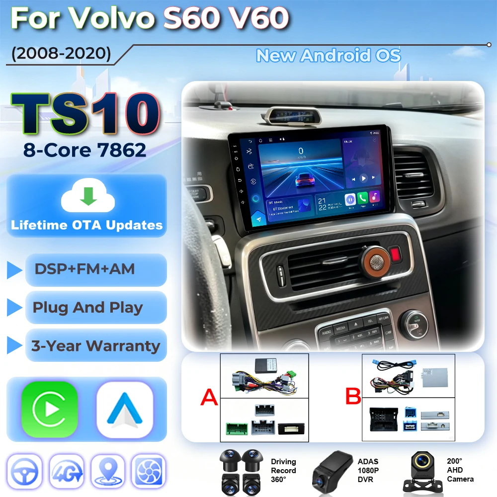 Android 16 Auto Car Radio For Volvo S60 V60 2008 2009 2010 2011 - 2020 Carplay Video Multimedia Player Wifi 2din GPS Navigation