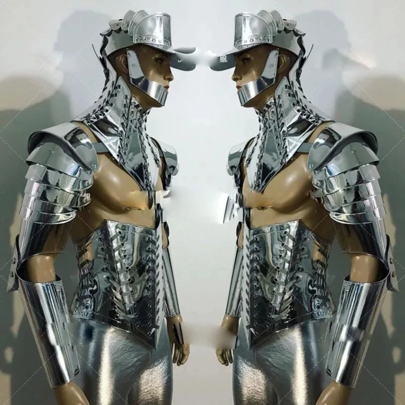 

Model Muscle Male Gogo Costume Nightclub Show Singer Dance Costume Ds Future Warrior Technology Sense Silver Mirror Armor