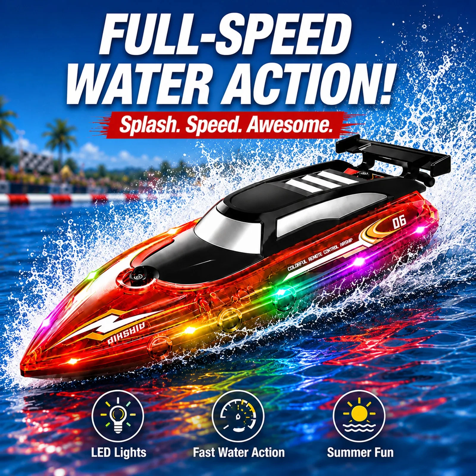 2.4GHz Light Remote Control Boat Medium High-Speed Speedboat Sailing Boat Model Electric Birthday Yacht Kids Outdoor Toy Gift