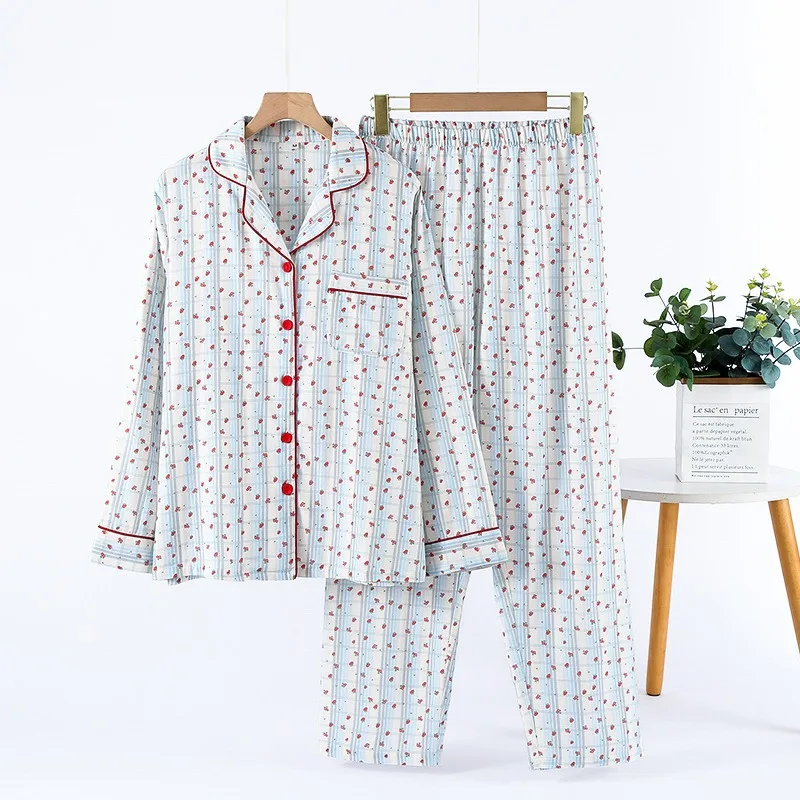 

Autumn Pure Cotton Double-layer Gauze Plaid Pajamas Pastoral Style Women's Thin Cute Loungewear Lappel Long Sleeve Trousers Suit
