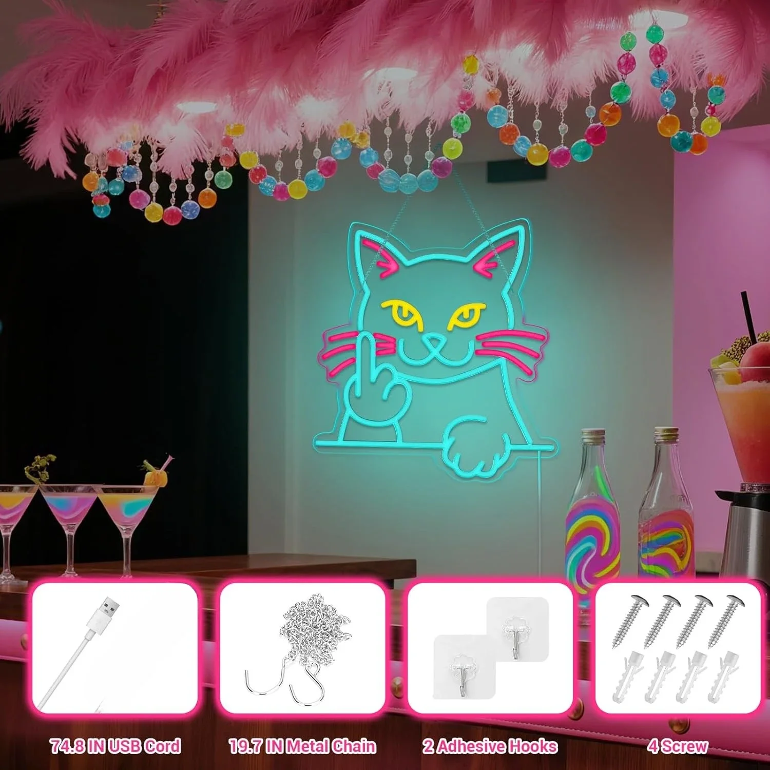 Middle Finger Cat Neon Sign Funny Flipping Kitty LED Wall Art USB Powered  Decor  Bedroom Living Room Bar Party Cat Lover Gift