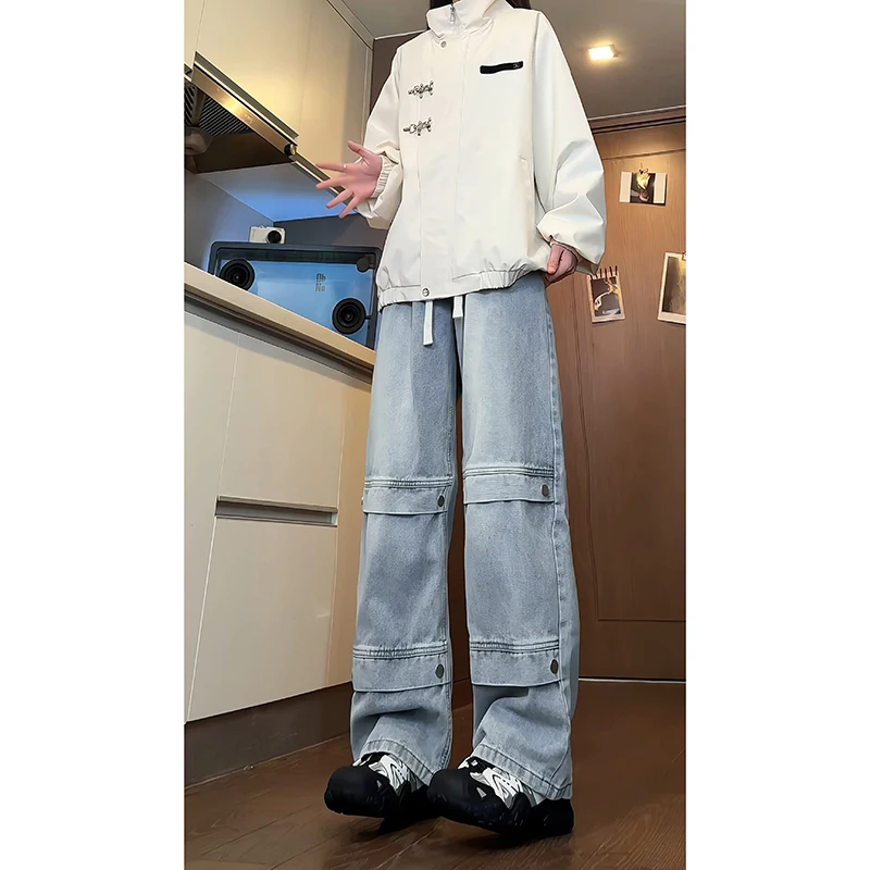 Men's Autumn Washed Denim Jeans Elastic Waist with Drawstring Straight Leg Rivet & Patchwork Design Casual Pants for Streetwear
