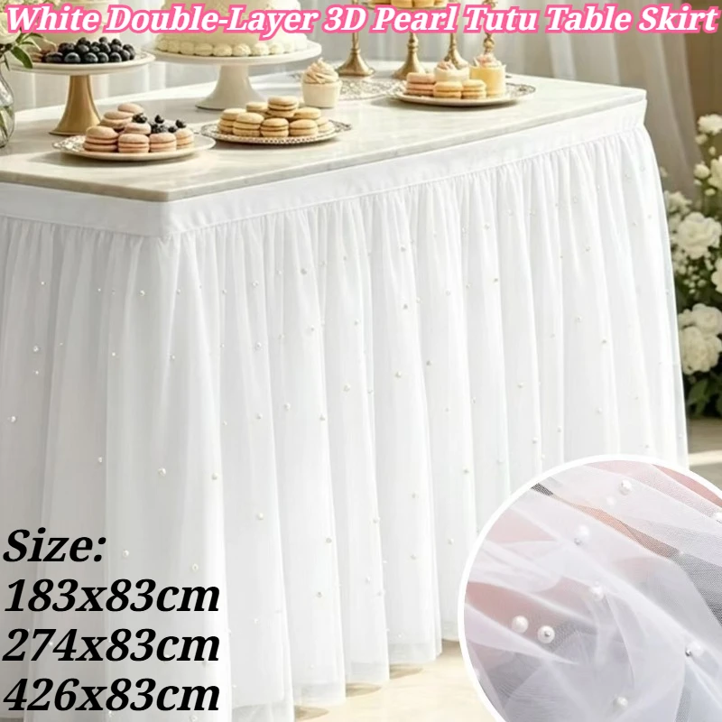 White Double‑Layer 3D Pearl Tutu Table Skirt Tulle Tablecloth for Cake Table Decoration Birthday Wedding Holiday Party Supplies
