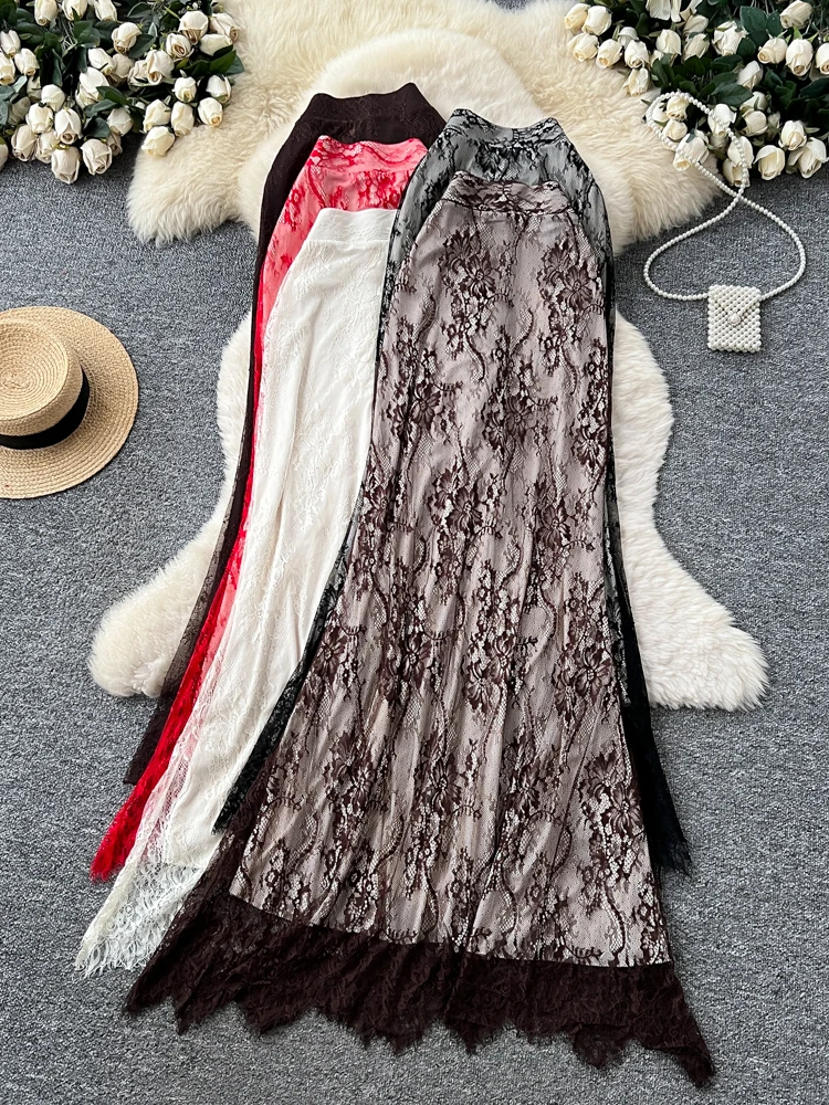 Gonna a trapezio a vita alta con giunture in pizzo coreano Sle Abito lungo in rete da donna Ele f-lunghezza Pendolarismo Chic Sle