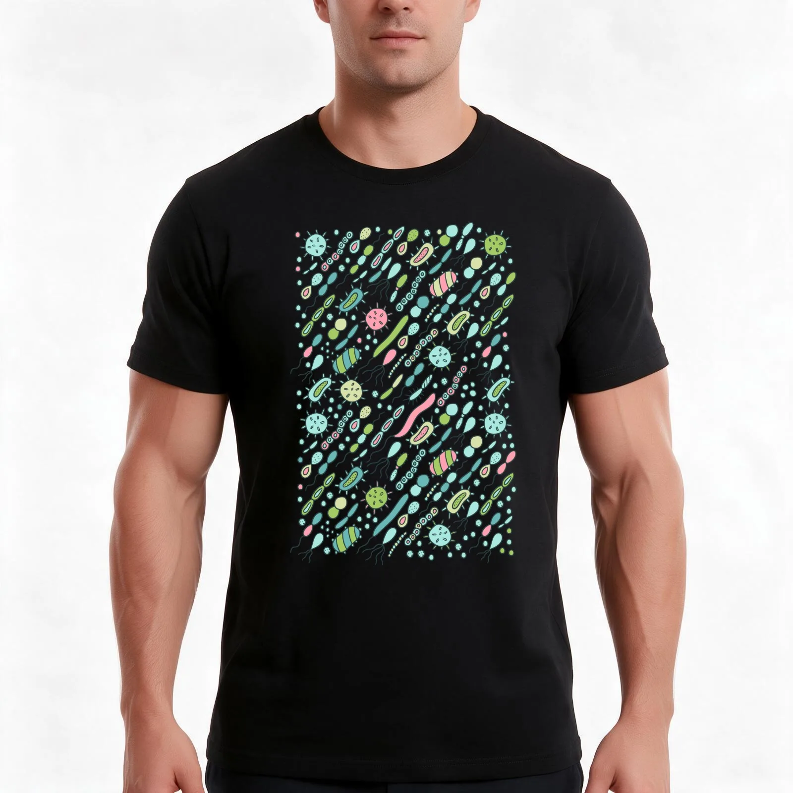 Microbes pattern. Bacteria design for biology lovers. Virus illustration. T-Shirt, Summer Casual Cotton Tee, Unisex Men Women