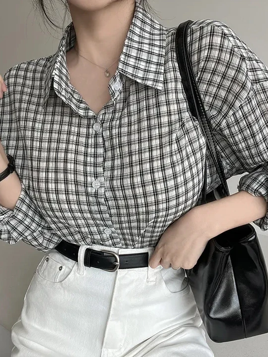 

Loose Korean Sle Plaid Long Sve irt Women's Autumn New Textured Lazy Sle Top Coat Polyester Fiber Non-deformable