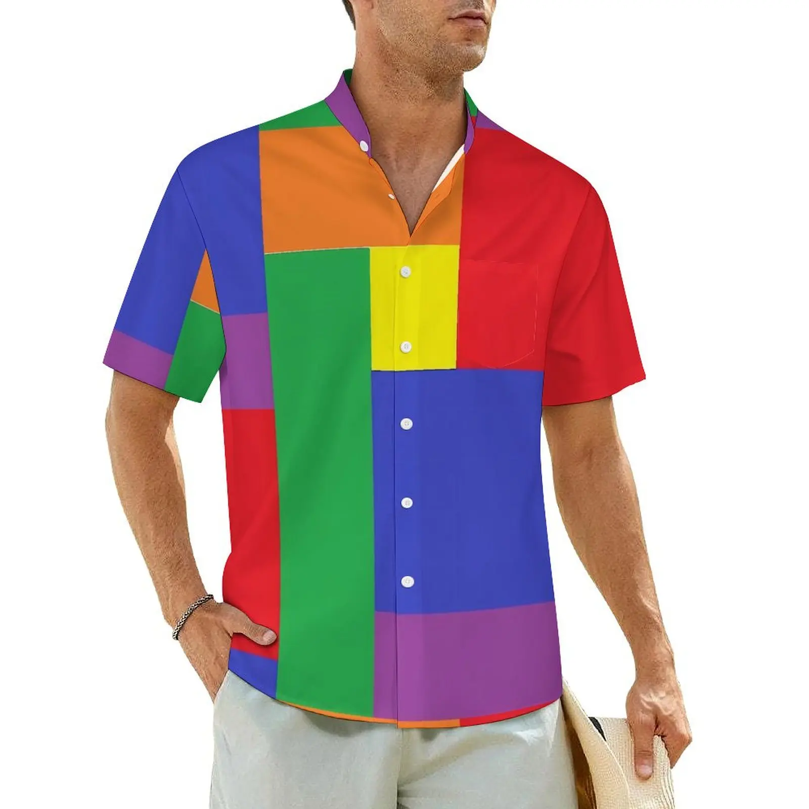 

Rainbow Colorblock Vacation Shirt Colorful Print Hawaii Casual Shirts Men Cool Blouses Short-Sleeve Y2K Fashion Design Clothing