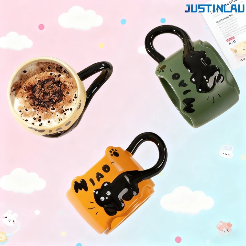 كوب قطة سوداء لطيف كوب سيراميك إبداعي ورائع عالي القيمة لحليب القهوة والإفطار كوب سيراميك كوب قهوة أكواب ايكيا