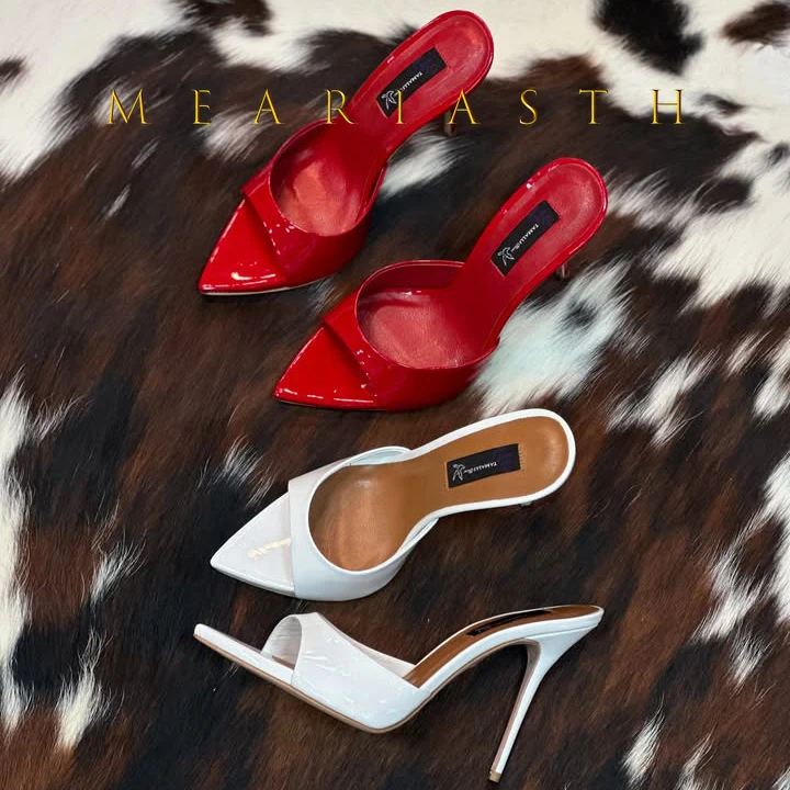 

Red Patent Leather Heeled Sandals Shallow Slip On Mules Solid Sexy Heels Stiletto Summer 10CM Shoes Peep Toe One Strap Sandalias