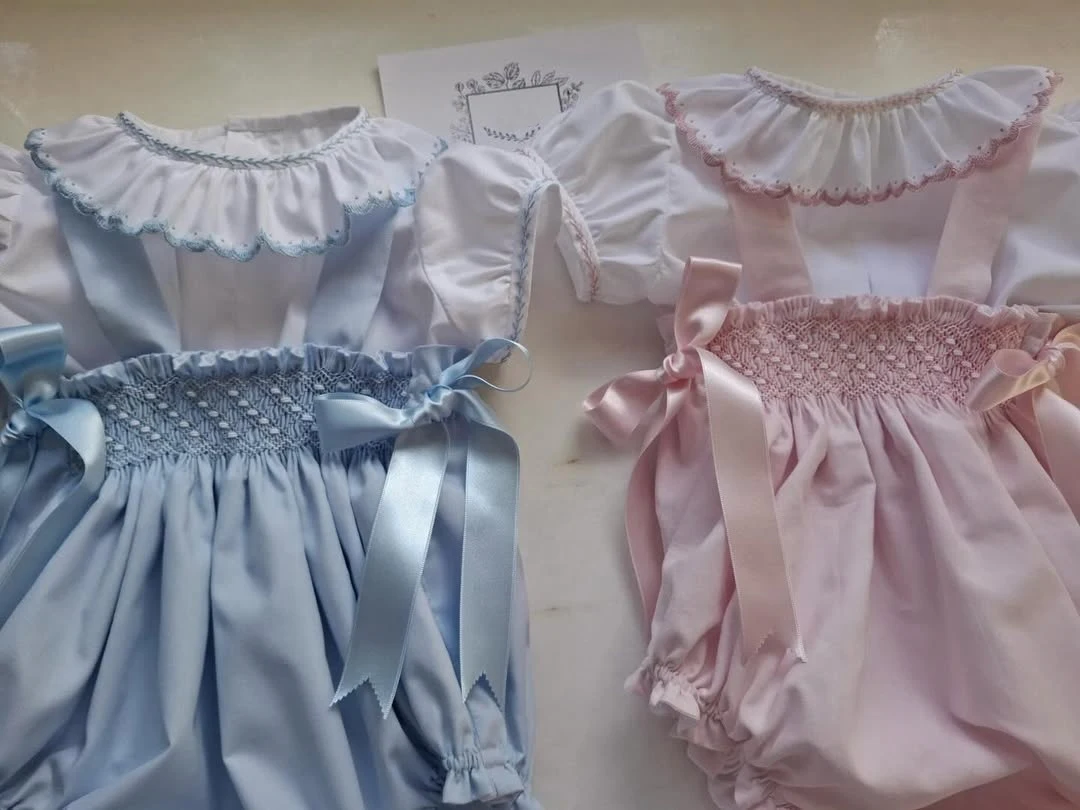 0-6  Year Summer Baby Girl Pink Blue Hand Smocked Embroidery Outfit Set for Newborn Birthday Party Casual Photography A346