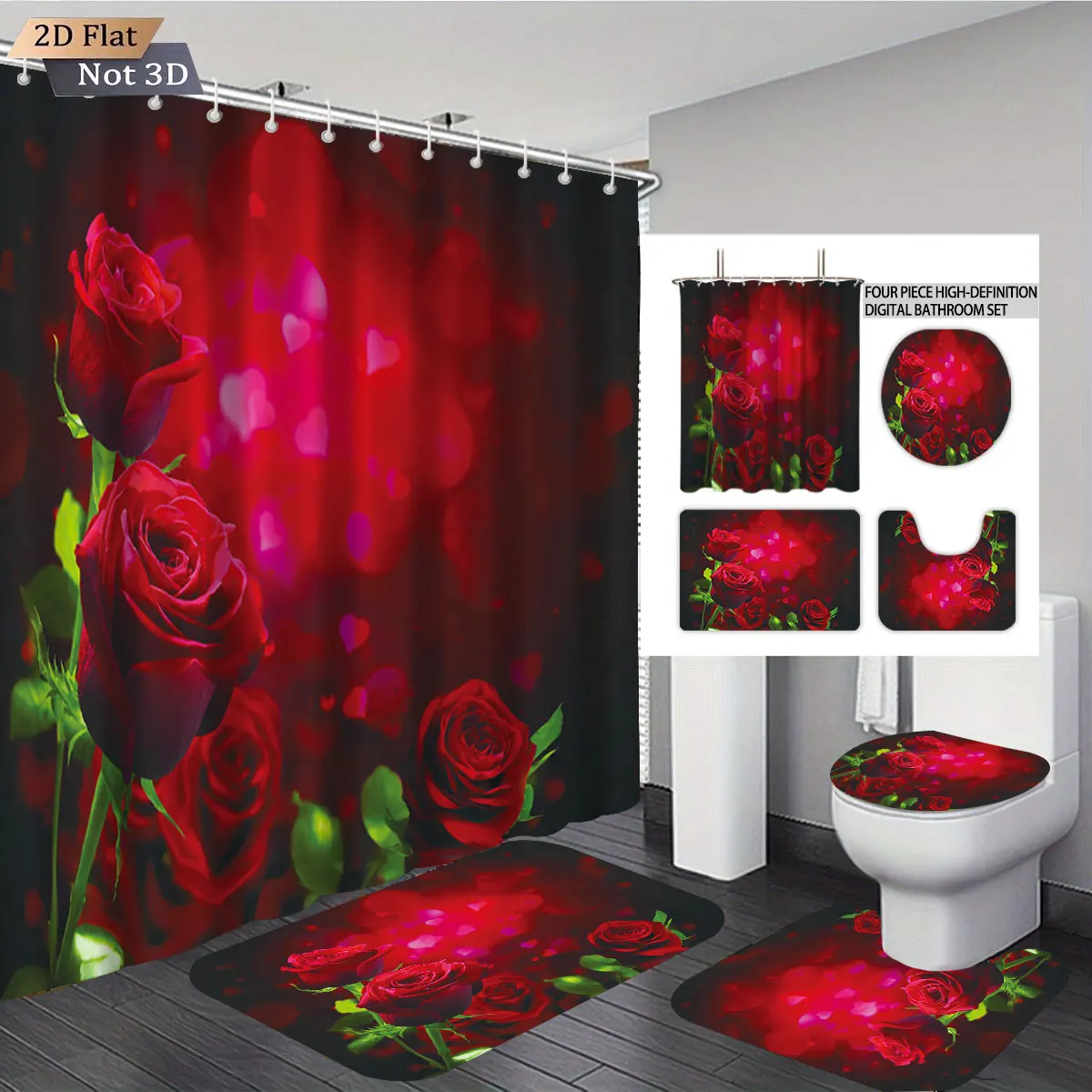 

Набор для ванной комнаты из 4 предметов ко Дню святого Валентина с принтом красных роз: водонепроницаемая шторка для душа 180x180, коврик для пола, U-образный коврик, коврик для туалета