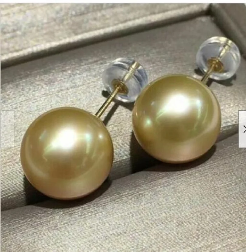 

Large AAAA 12-13mm True Natural Round Gold South Sea Pearl Earrings 18K Gold-