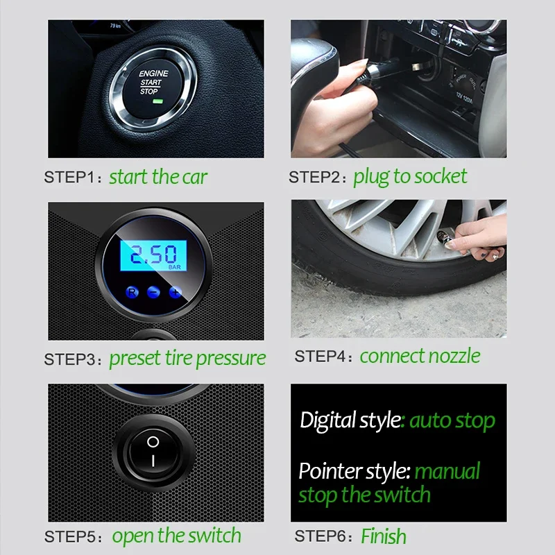150PSI Auto-Reifenfüller, 12 V DC, tragbarer Luftkompressor für LKW, Motorrad, Fahrradreifen, digitales Manometer, schnelles Aufpumpen – Detail 10